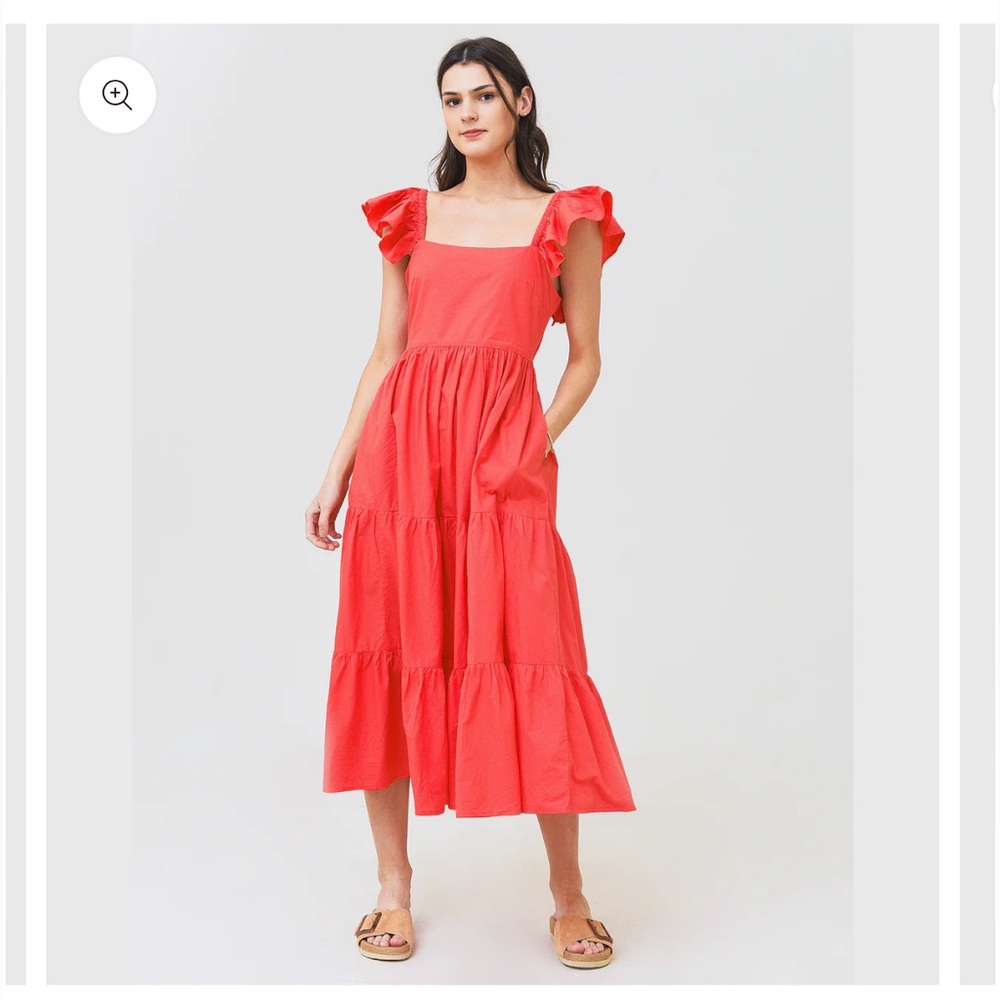 Oliphant Coral Midi Dress with Tie Back Flutter Sleeves